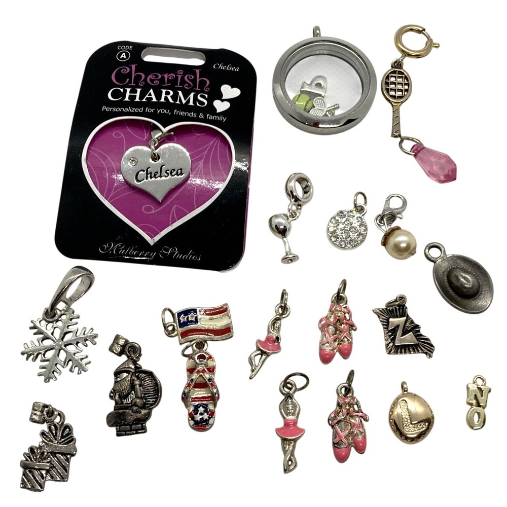 Vintage -‎ Now Lot of (20) Charms Pendants Ballet Tennis Snowflake Flag Hat